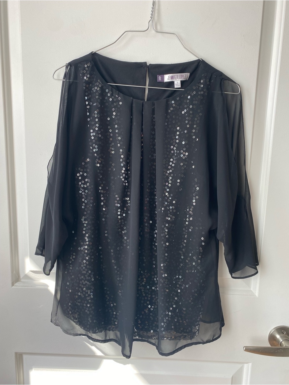 Jennifer Lopez Black Sequin Chiffon Party Blouse
